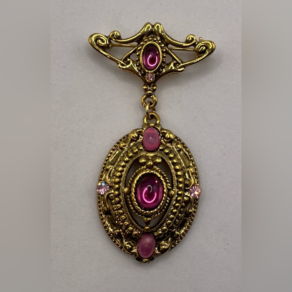 Vintage Gold Tone Victorian Style Brooch Pin Dangle Pendant with Cabochon Gems